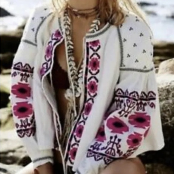 RD & Koko White Anthropologie Tribal Embroidered Top Jacket Cropped Oversized L - Picture 11 of 12